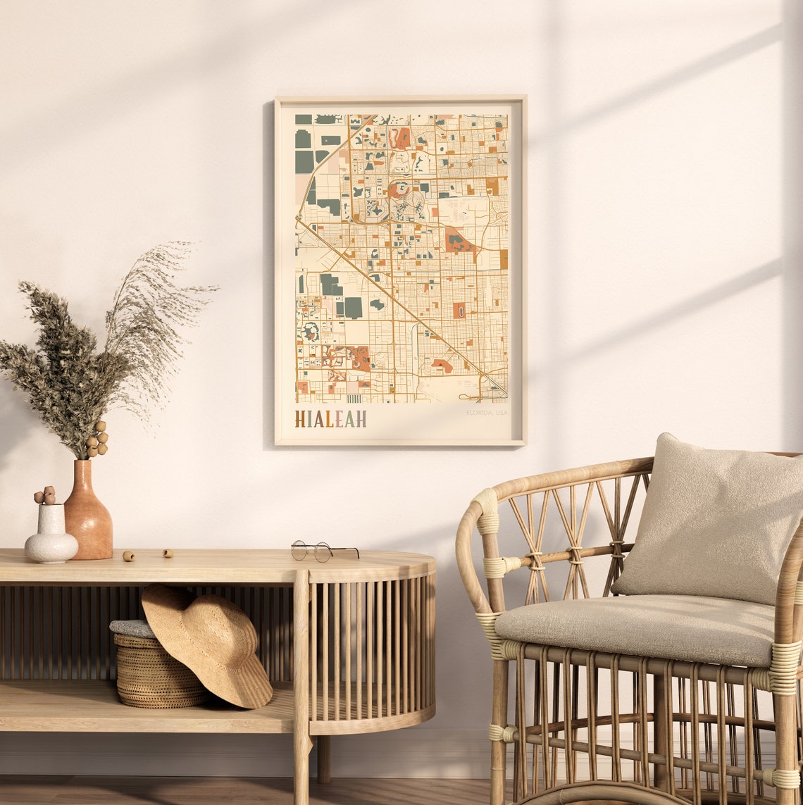 Hialeah Florida City Map Poster Warm Retro Street Map Home Decor - Image 2