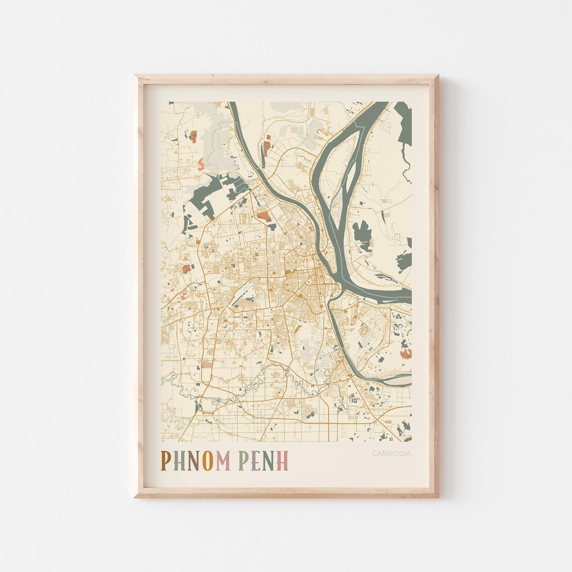 Phnom Penh City Street Map Cambodia Minimalist Boho Travel Poster