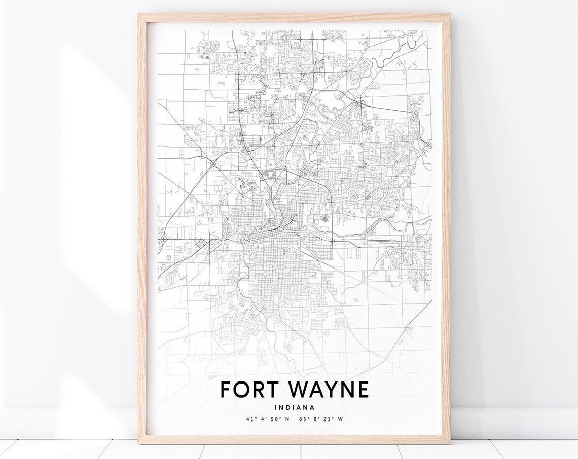 Fort Wayne Indiana Minimalist Black and White City Street Map Poster
