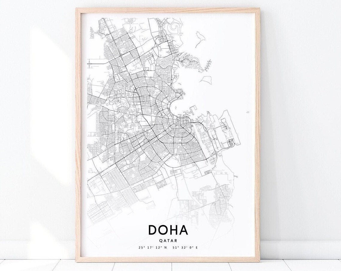 Doha Qatar City Street Map Black and White Minimalist Wall Art