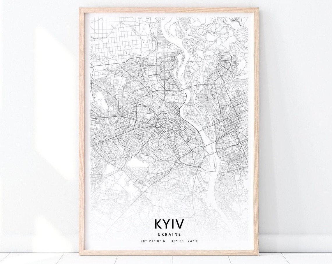 Kyiv Ukraine City Street Map Black White Minimalist Wall Art