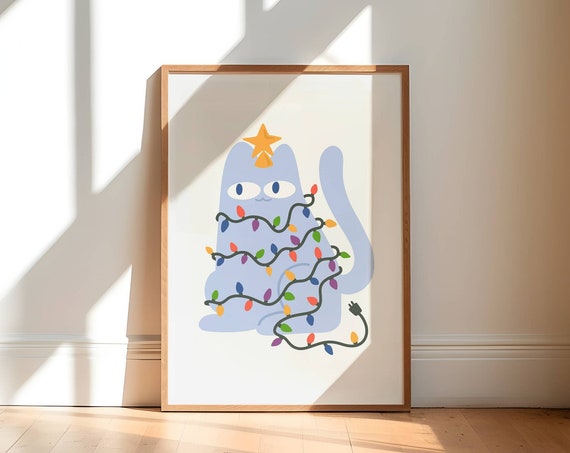 Christmas Cat Holiday Poster, Blue Cat Decor