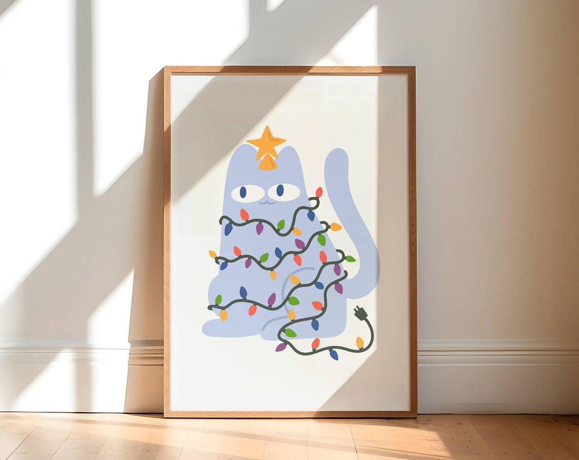 Christmas Cat Holiday Poster, Blue Cat Decor
