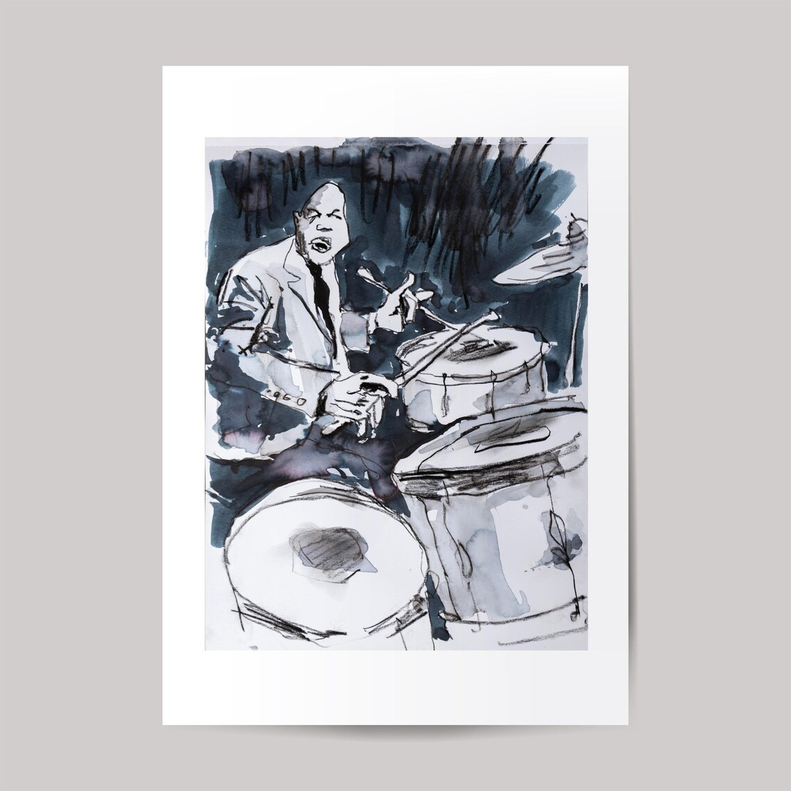 Jazz Drums Art Print, Charcoal Ink Drawing - Image 2