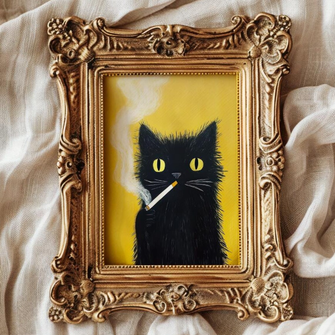Smoking Black Cat in a Vertical Funny Vintage Kitsch Art Poster - Image 2