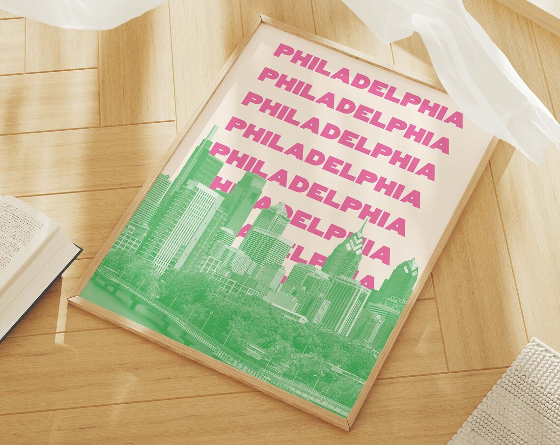 Philadelphia Skyline Pink Green City Art Poster for Pennsylvania Decor - Image 4