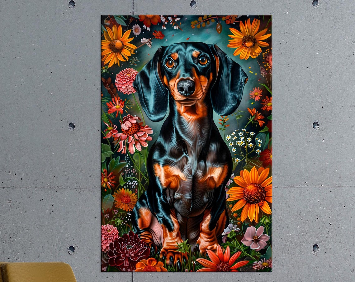 Black Tan Dachshund Puppy Sitting Among Colorful Garden Flowers Poster