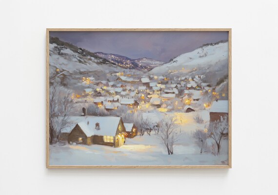 Christmas Village at Night Snowy Mountain Glowing Lights Poster