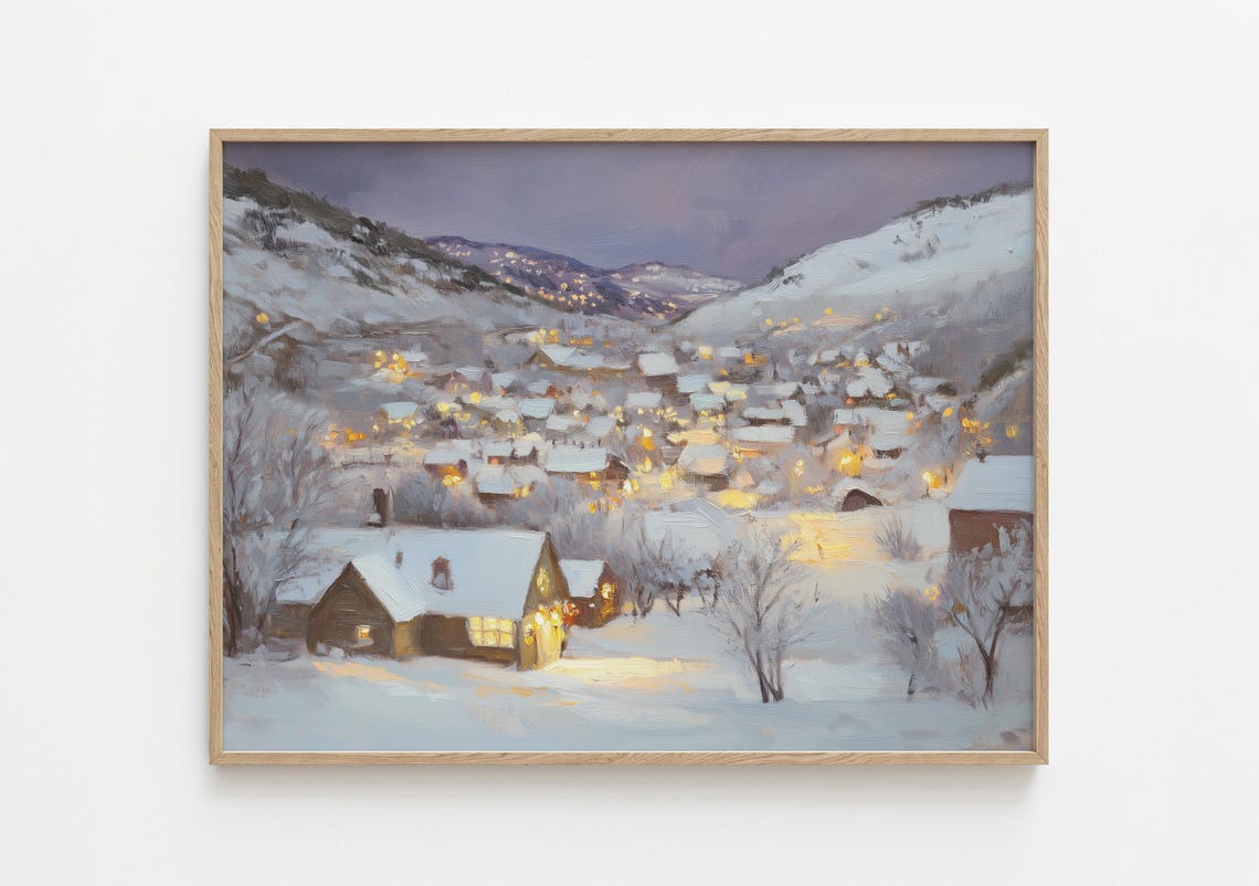 Christmas Village at Night Snowy Mountain Glowing Lights Poster