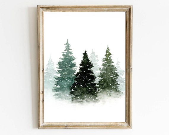 Pine Tree Christmas Art Print, Winter Forest