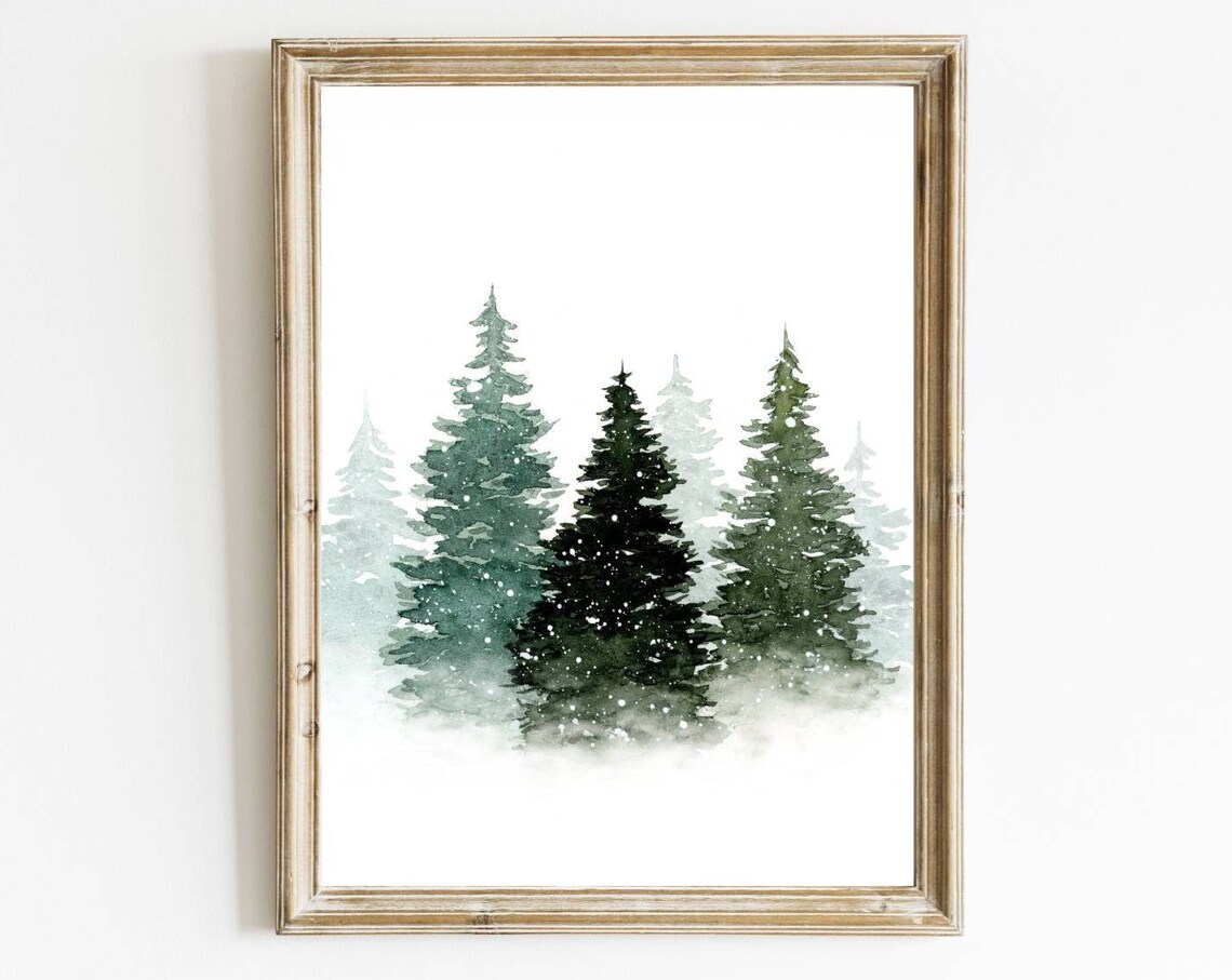 Pine Tree Christmas Art Print, Winter Forest