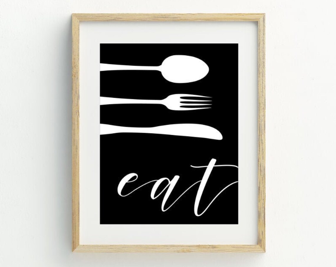 Eat Print, Black And White Minimalist Kitchen Art
