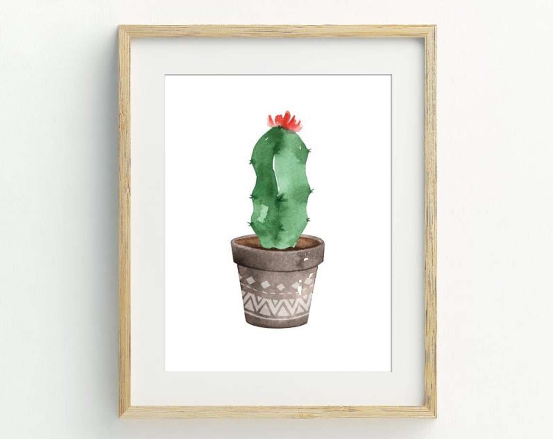 Potted Cactus Red Flower Watercolor Boho Succulent Wall Art Print