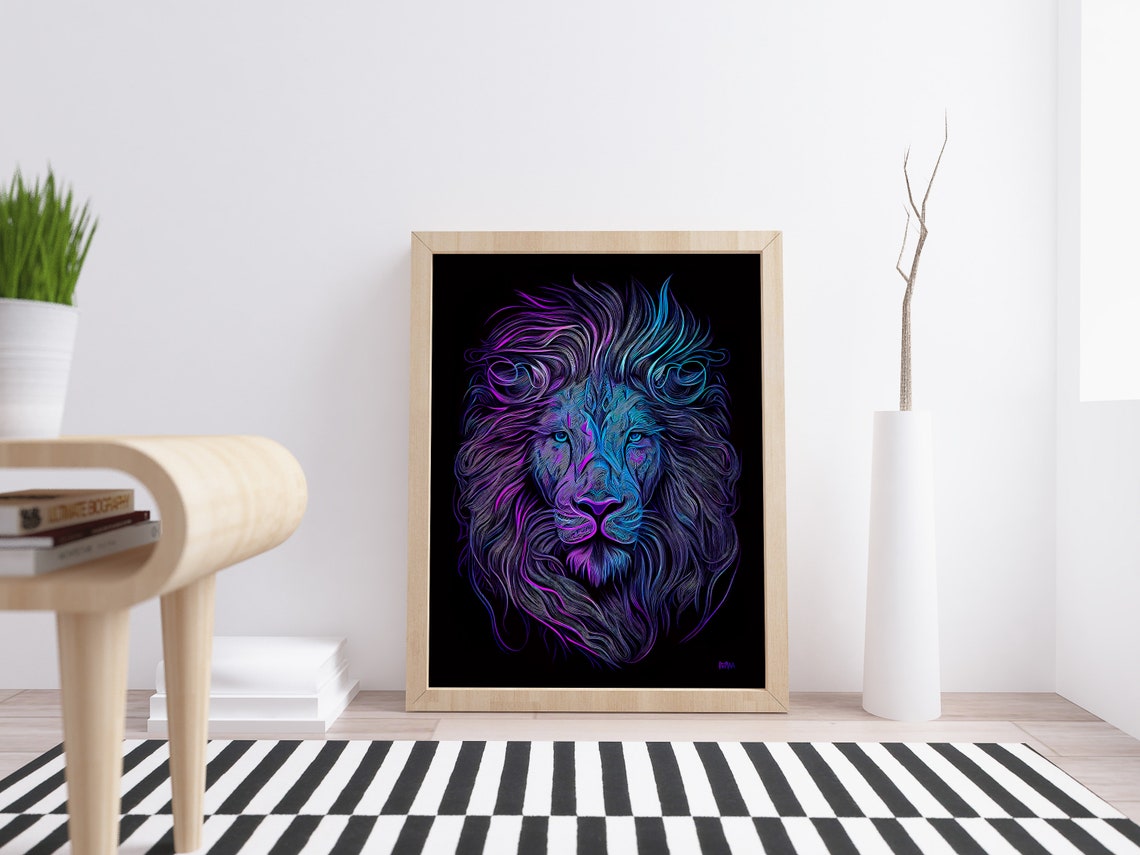 Neon Blue Lion Head Glowing Line Art on Black Background Wall Art - Image 5