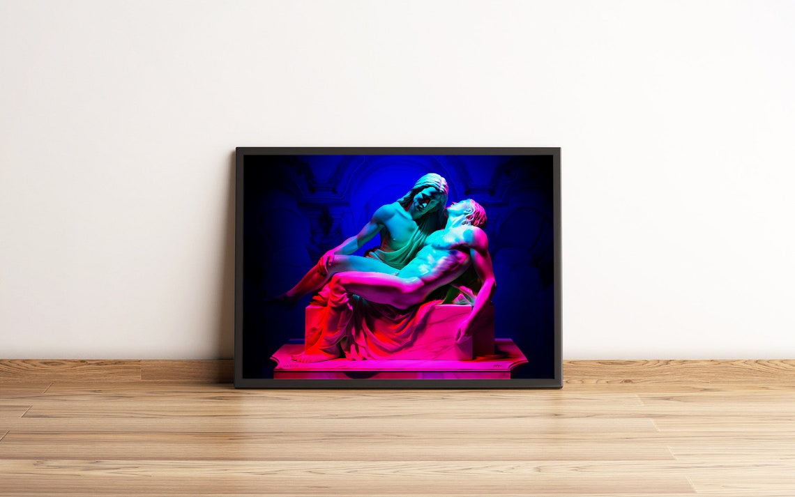 Divine Radiance Colorful Neon Michelangelos Pieta Wall Art Print Renaissance Home Dcor Classical Art - Image 6