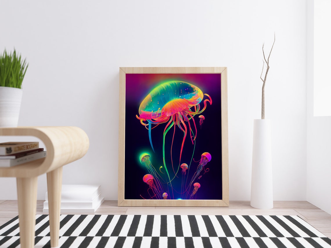 Neon Jellyfish Glowing Psychedelic Deep Ocean Life Art Poster - Image 6