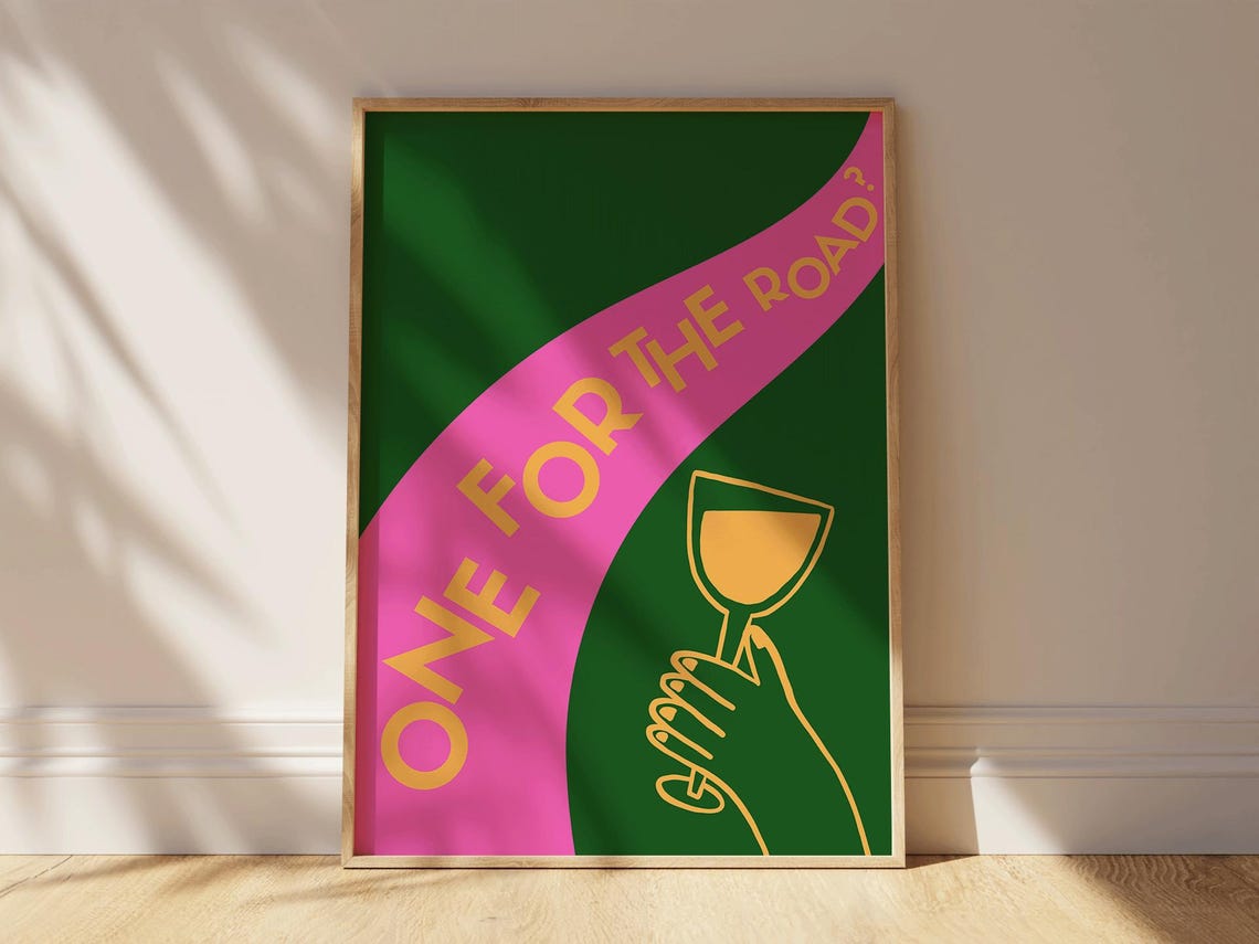 One For The Road Wine Poster with Green and Pink Graphic Style