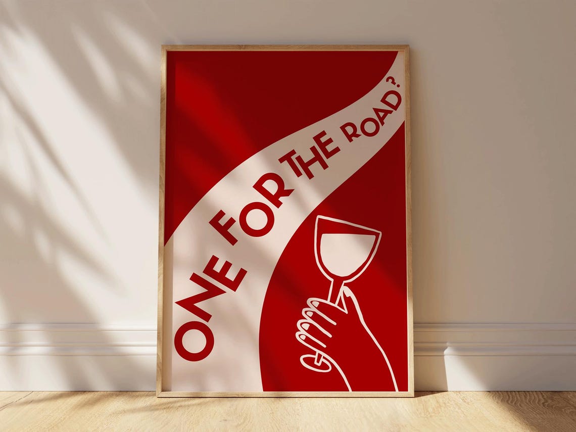 One For The Road Wine Poster with Bold Red Background and White Type