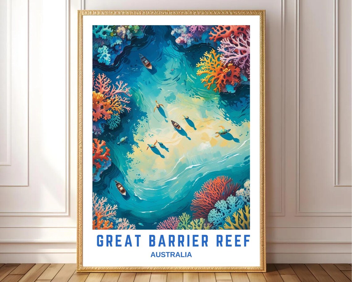 Great Barrier Reef Australia Coral Reef Boats Aerial Travel Poster
