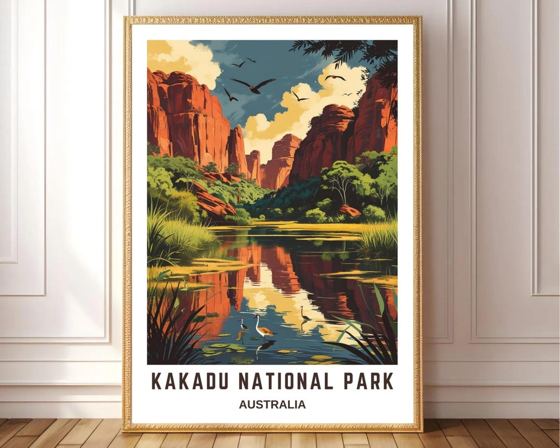 Kakadu National Park Australia Red Cliffs River Vintage Travel Poster