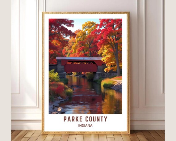 Parke County Indiana Red Covered Bridge River Autumn Scenic Poster
