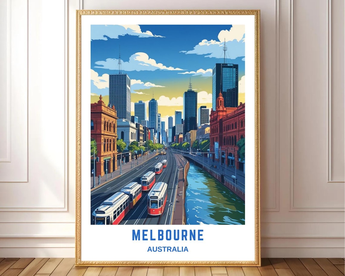 Melbourne Australia Classic Trams City Street River Bridge Poster