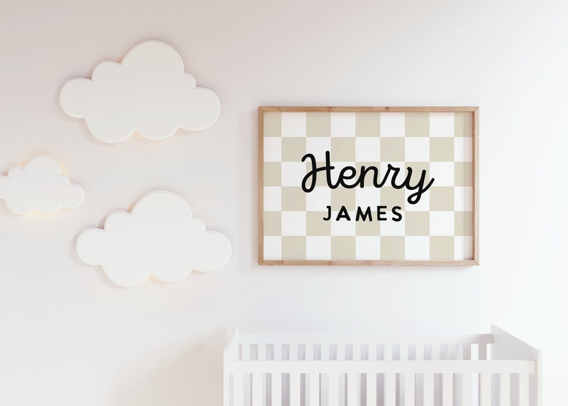 Joseph Robert Custom Name Sign Beige Checkerboard Nursery Poster - Image 2