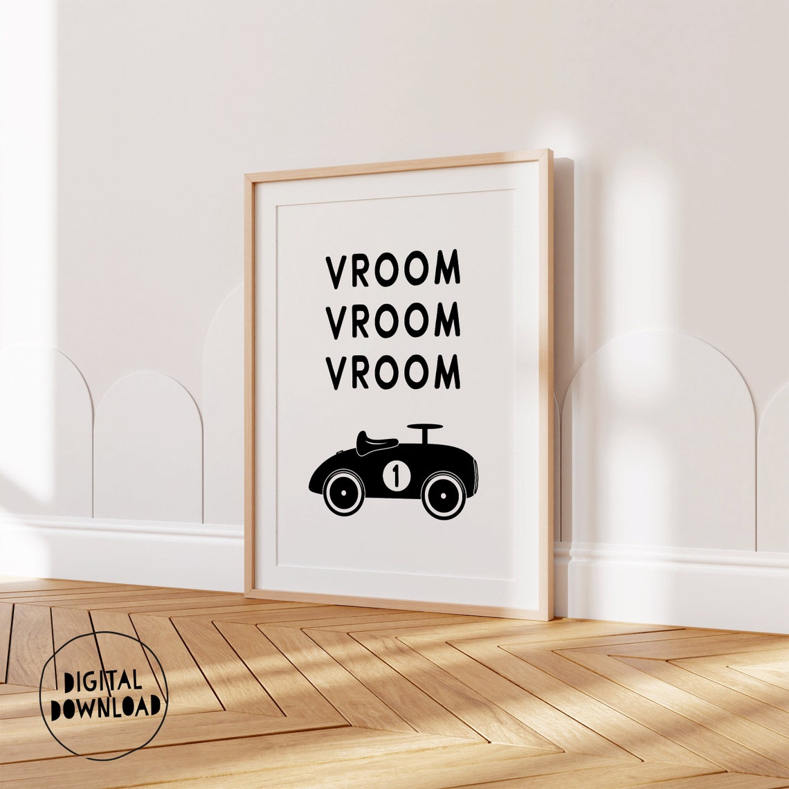 Vroom Vroom Race Car Monochrome Vintage Racer Kids Poster Decor - Image 5
