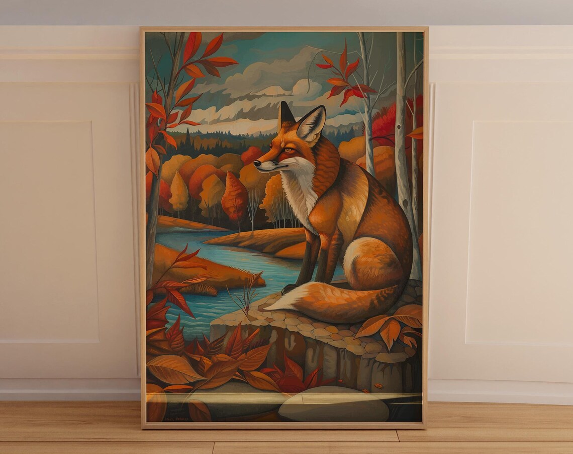 Majestic Fox Art Print, Autumn River Scene