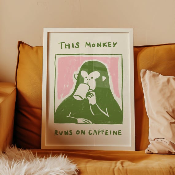 Funny Coffee Print Monkey Wall Art Quirky Kitchen Decor Bar Sign Retro Modern Cafe Colorful Studio