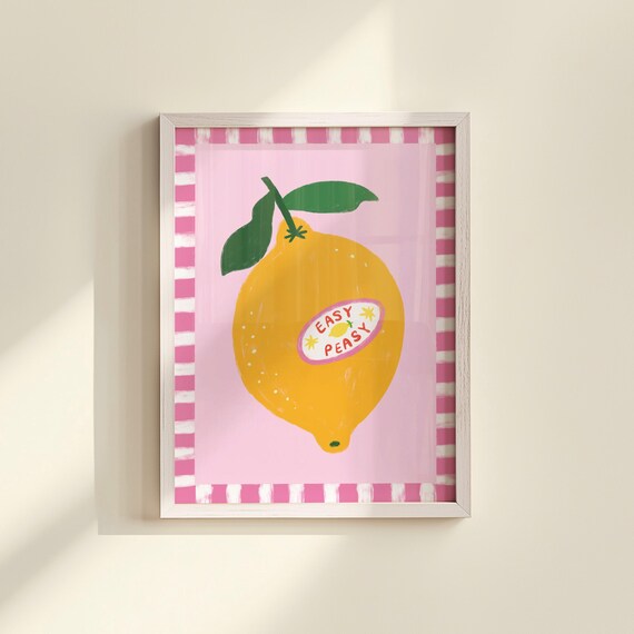 Easy Peasy Lemon Quirky Kitchen Fruit Quote Pink Gingham Wall Poster