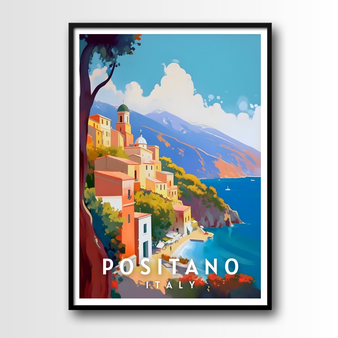 Positano Italy Seaside Village Beach Cove Blue Sea Travel Poster