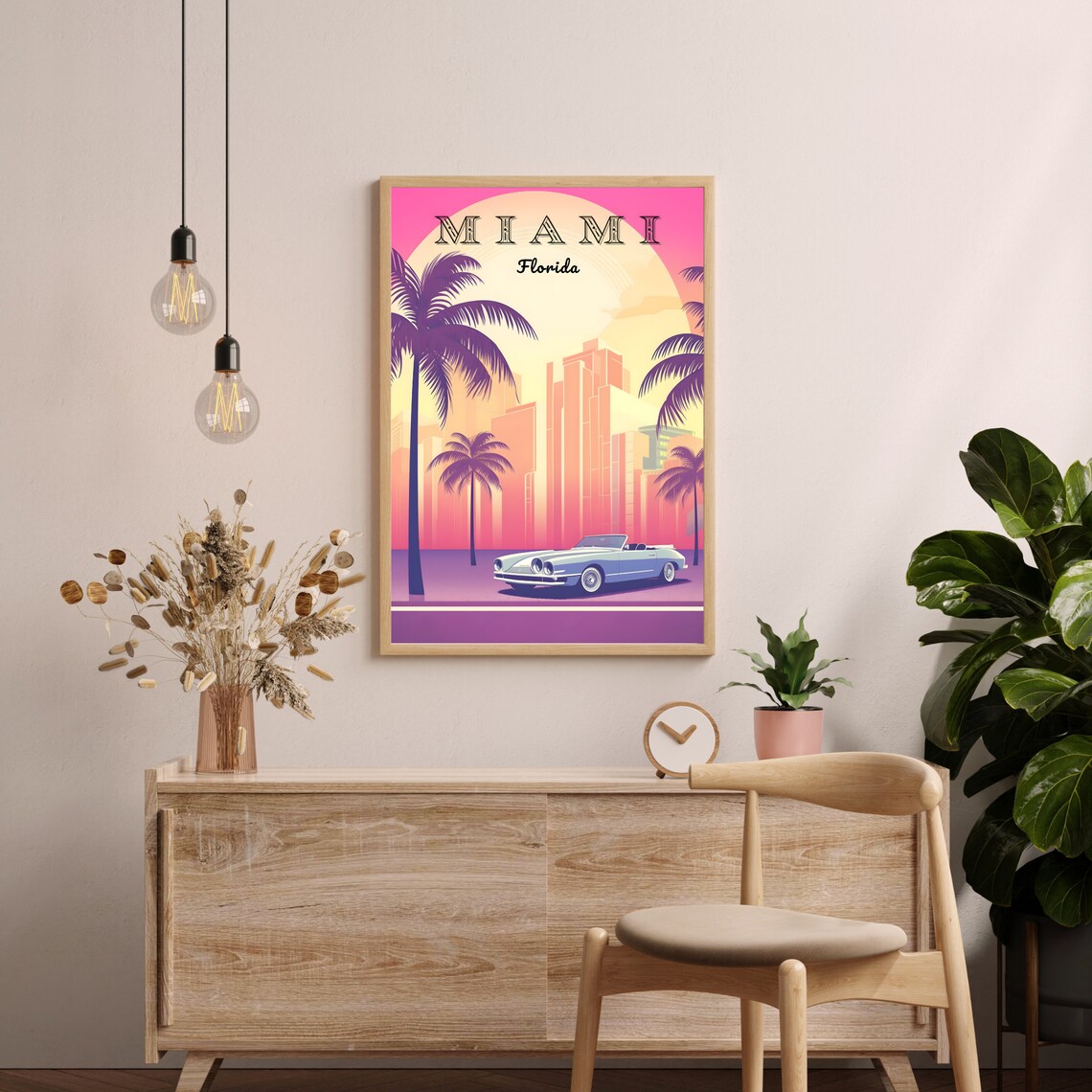 Miami Florida Retro Sunset Palm Trees Classic Car Travel Poster - Image 2