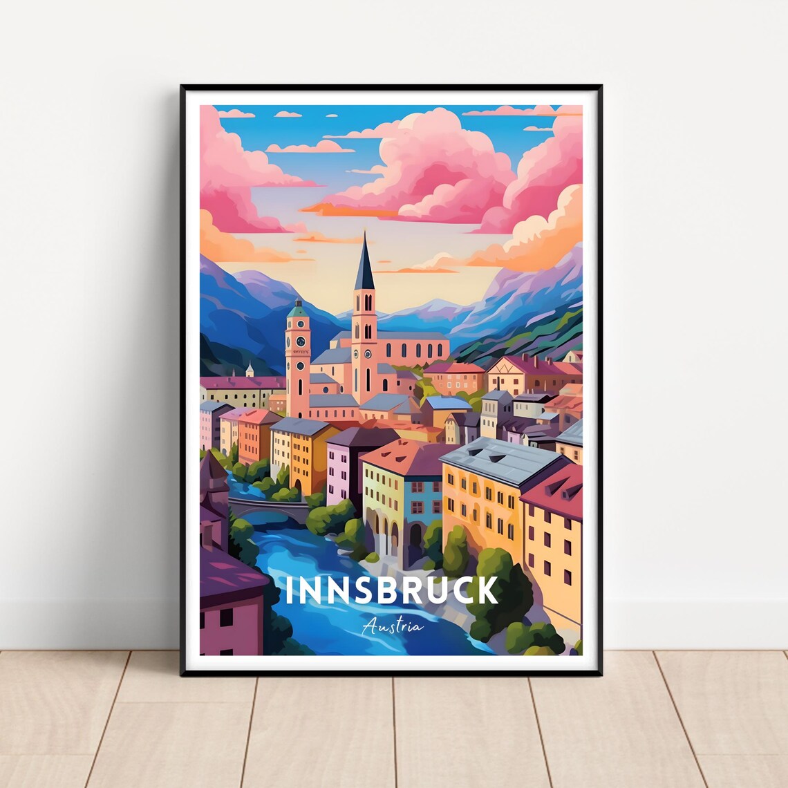 Innsbruck Austria Sunset Alpine Town Riverside Travel Poster Art