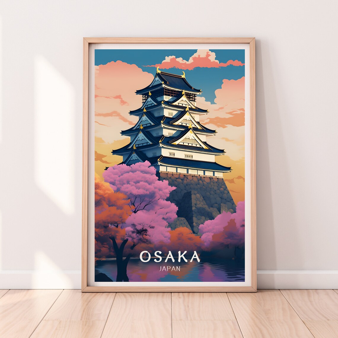 Osaka Japan Castle Cherry Blossom Sunset Landmark Travel Poster - Image 2