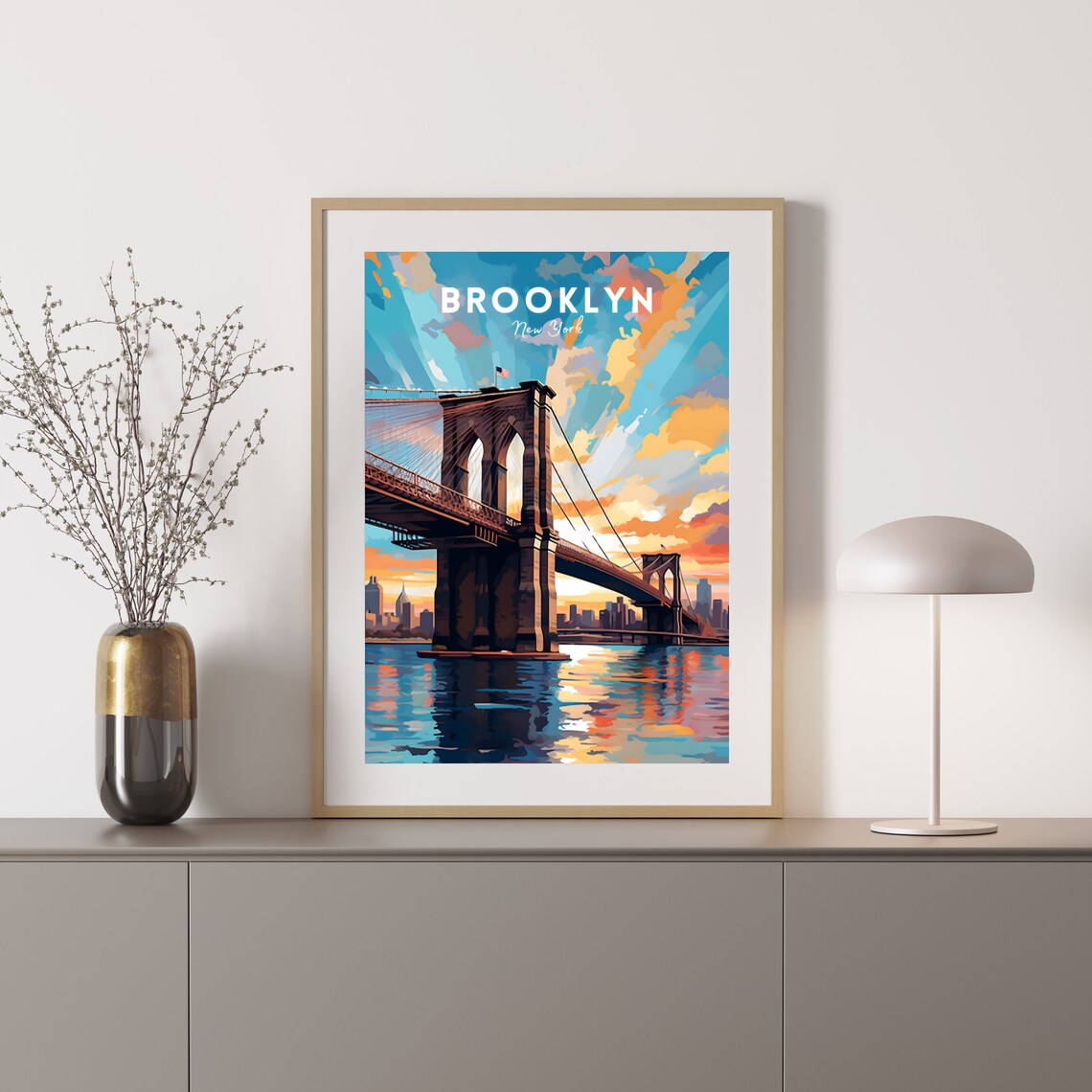 Brooklyn New York Bridge Sunset Skyline Retro Travel Art Poster - Image 2