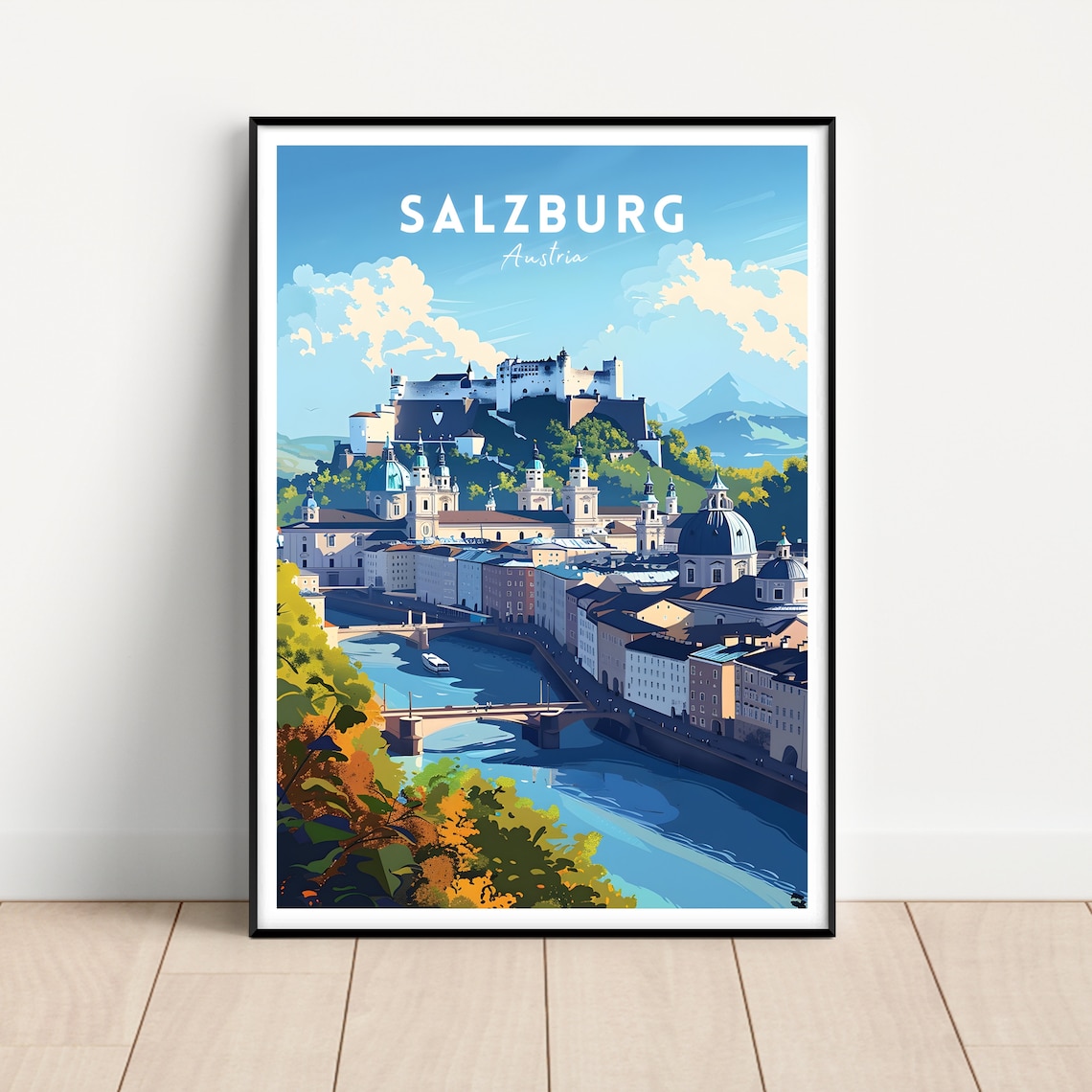 Salzburg Austria Fortress River Old Town Vintage Travel Poster
