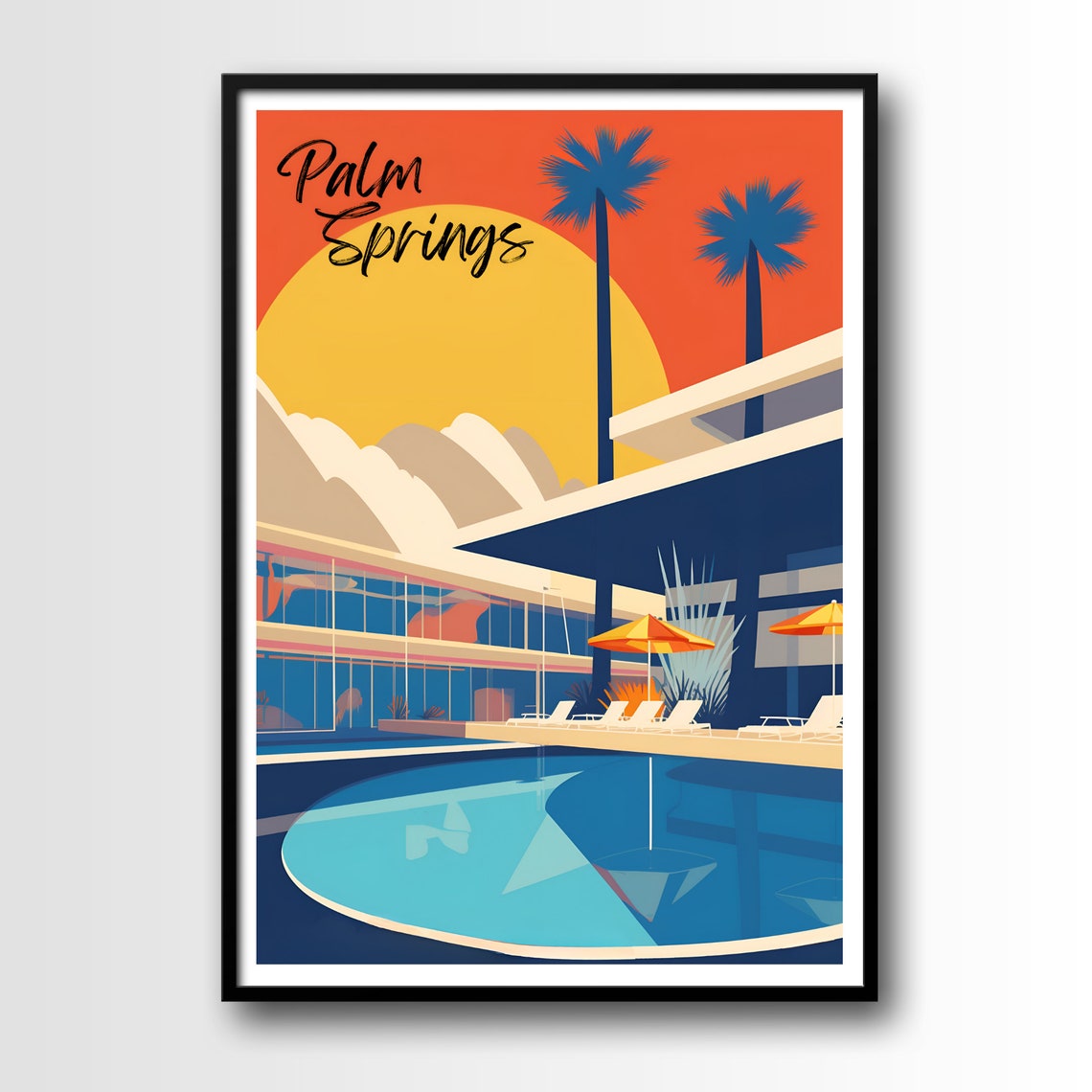 Palm Springs Retro Mid Century Pool Palm Trees Sunset Poster