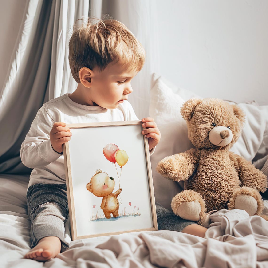 Watercolor Bear Cub Holding Balloons Cute Nursery Art Poster - Image 2