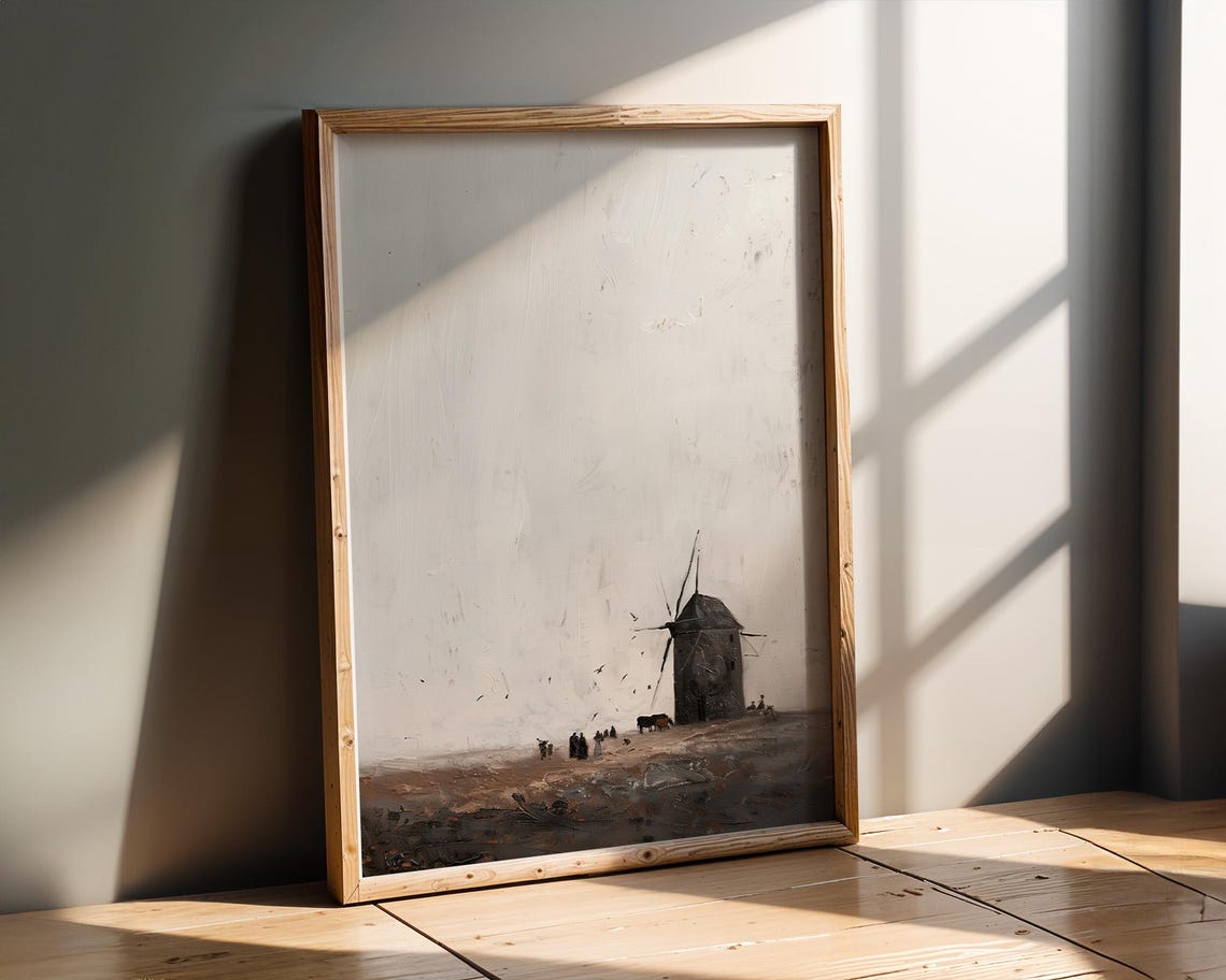 Lonely Windmill On Misty Moorland Minimalist Grey Painting Poster - Image 2