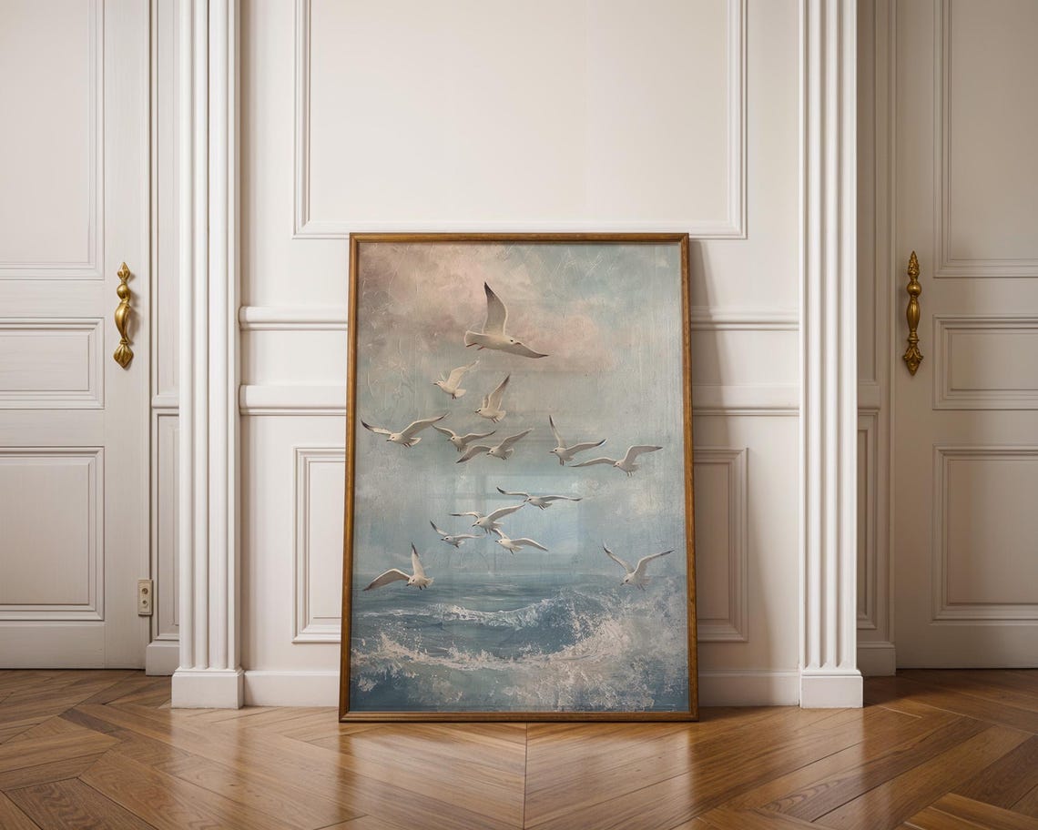 Flock of White Seagulls Flying Over Crashing Ocean Waves Poster - Image 2