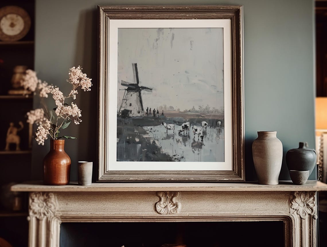 Dutch Windmill With Cows Oil Painting Style Grey Landscape Poster - Image 3
