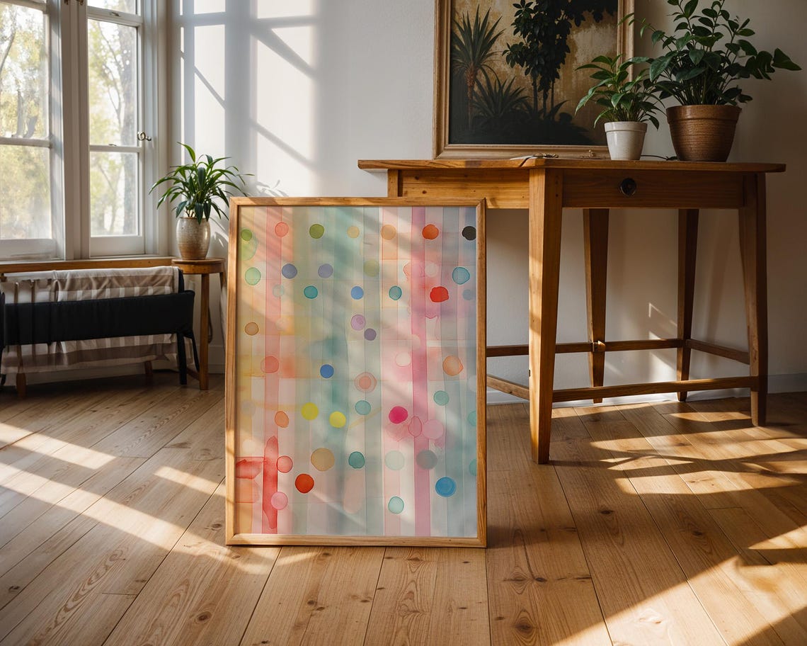 Pastel Watercolor Stripes Colorful Polka Dot Abstract Poster - Image 2