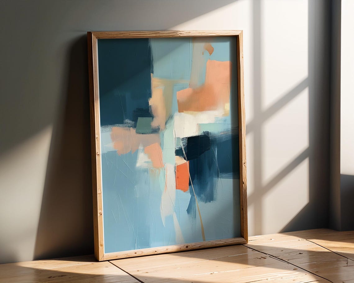 Teal Peach Abstract Coastal Brushstroke Modern Art Decor Poster - Image 2