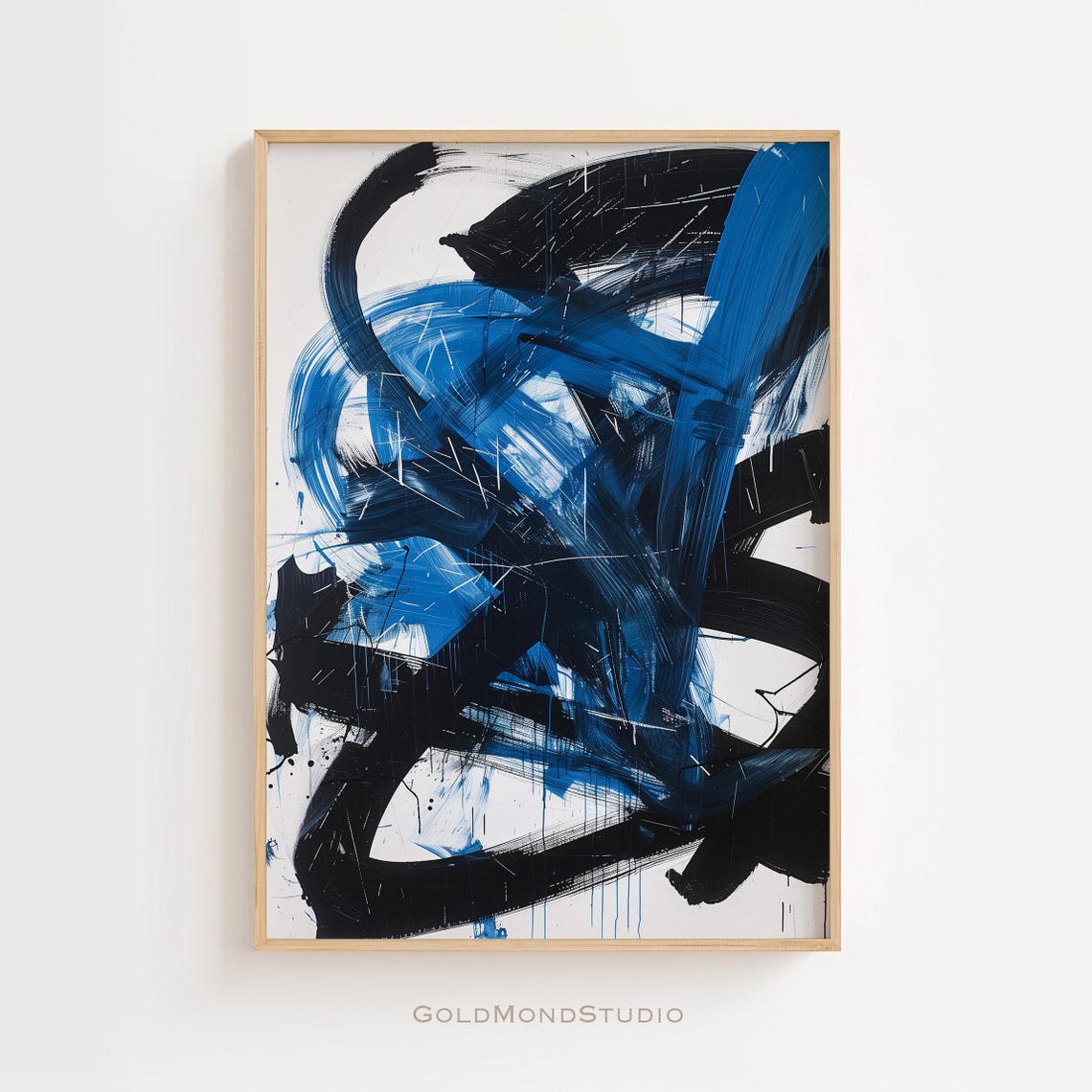 Expressive Cobalt Blue and Black Abstract Brushwork Art Poster
