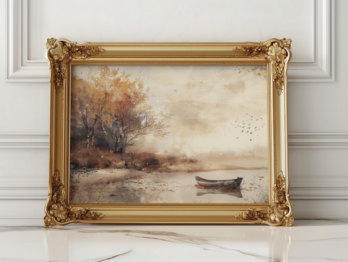 Golden Autumn Lakeside With Rowboat and Golden Trees Painting Poster - Image 2