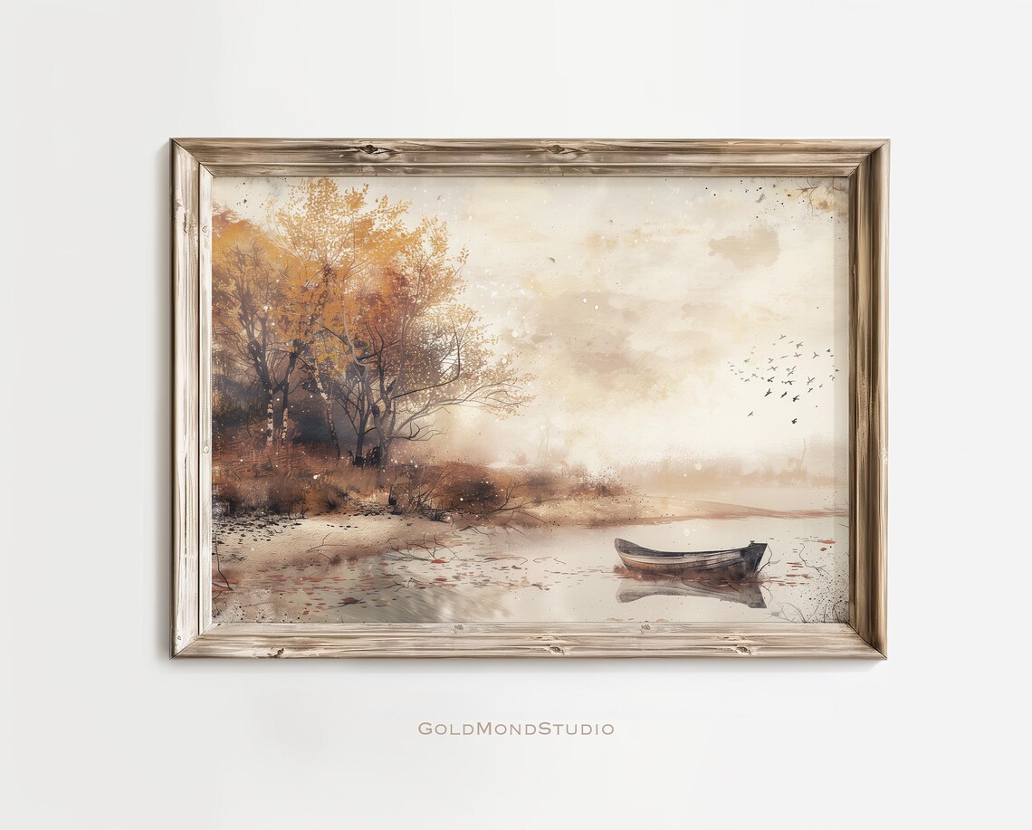 Golden Autumn Lakeside With Rowboat and Golden Trees Painting Poster