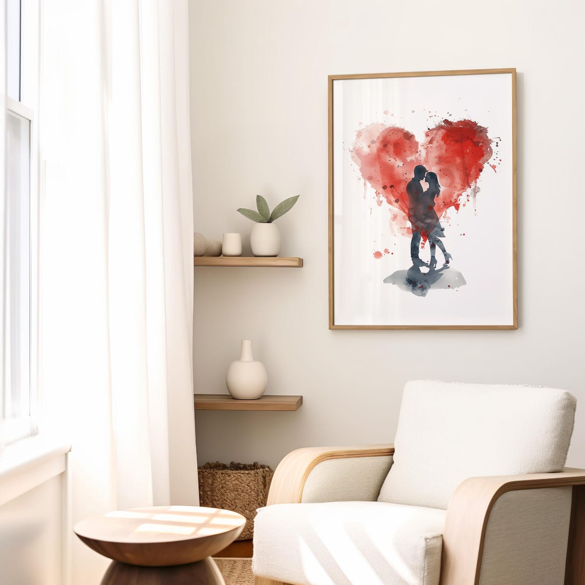 Romantic Couple Silhouette Before Red Watercolor Heart Poster - Image 2