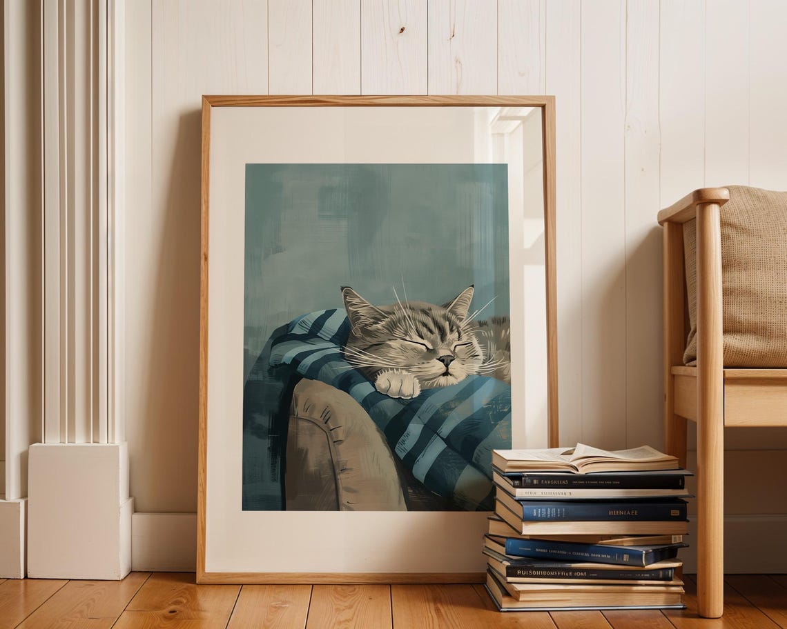 Sleeping Gray Cat Curled Up on a Blue Striped Blanket Poster - Image 2