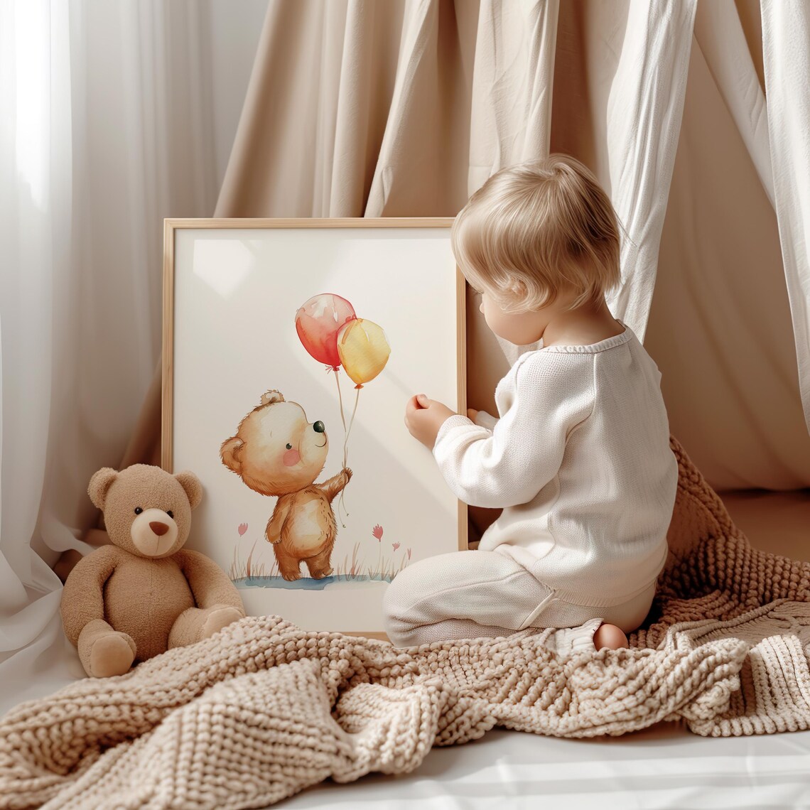 Watercolor Bear Cub Holding Balloons Cute Nursery Art Poster - Image 3